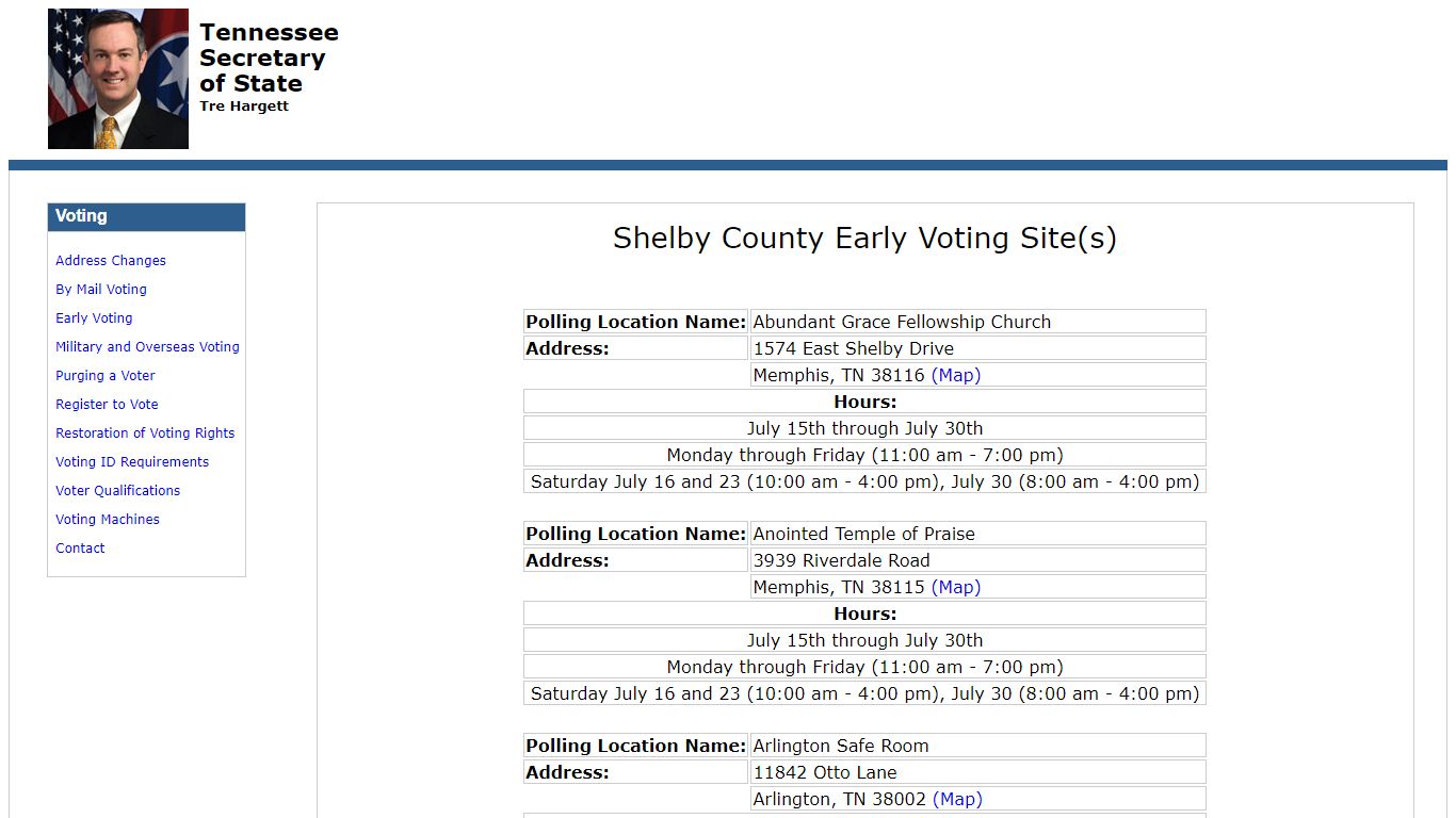 Shelby County Early Voting Site(s) - Tennessee